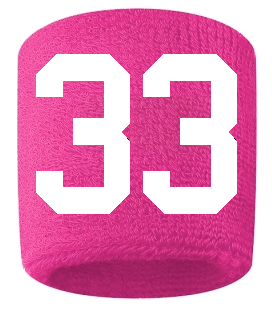 Number 33 Custom Hot Pink w/ White #'s Sweatband Wristband Embroidered Stitched