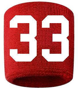 Number 33 Custom Red w/ White #'s Sweatband Wristband Embroidered Stitched