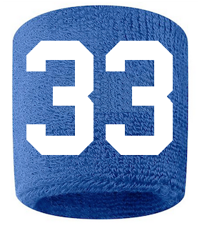 Number 33 Custom Royal Blue w/ White #'s Sweatband Wristband Embroidered Stitched