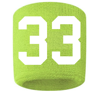 Number 33 Custom Volt Neon Lime Green w/ White #'s Sweatband Wristband Embroidered Stitched