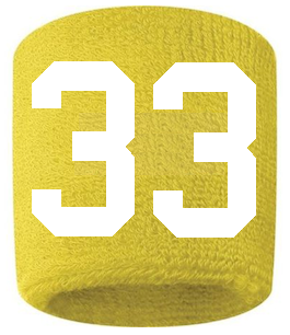 Number 33 Custom Yellow w/ White #'s Sweatband Wristband Embroidered Stitched