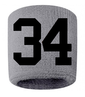 Number 34 Custom Gray w/ Black #'s Sweatband Wristband Embroidered Stitched