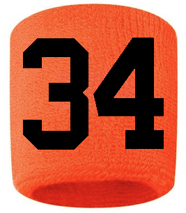 Number 34 Custom Orange w/ Black #'s Sweatband Wristband Embroidered Stitched