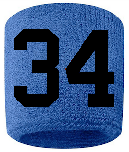 Number 34 Custom Royal Blue w/ Black #'s Sweatband Wristband Embroidered Stitched