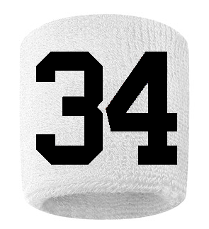 Number 34 Custom White w/ Black #'s Sweatband Wristband Embroidered Stitched