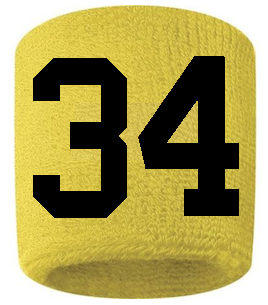 Number 34 Custom Yellow w/ Black #'s Sweatband Wristband Embroidered Stitched
