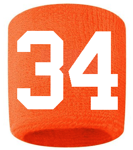Number 34 Custom Orange w/ White #'s Sweatband Wristband Embroidered Stitched