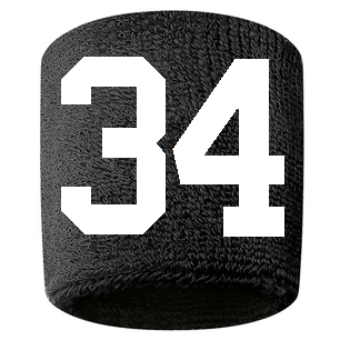 Number 34 Custom Black w/ White #'s Sweatband Wristband Embroidered Stitched