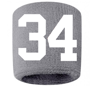 Number 34 Custom Gray w/ White #'s Sweatband Wristband Embroidered Stitched