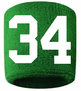 Number 34 Custom Green w/ White #'s Sweatband Wristband Embroidered Stitched