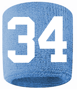Number 34 Custom Light Blue w/ White #'s Sweatband Wristband Embroidered Stitched
