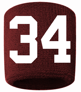 Number 34 Custom Maroon w/ White #'s Sweatband Wristband Embroidered Stitched