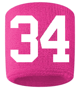 Number 34 Custom Hot Pink w/ White #'s Sweatband Wristband Embroidered Stitched