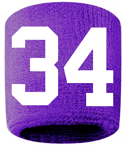 Number 34 Custom Purple w/ White #'s Sweatband Wristband Embroidered Stitched