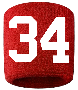 Number 34 Custom Red w/ White #'s Sweatband Wristband Embroidered Stitched