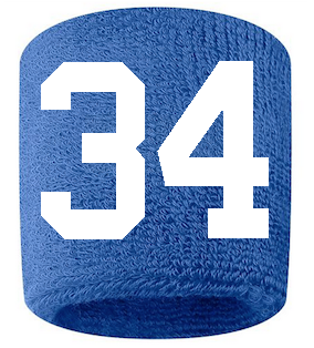 Number 34 Custom Royal Blue w/ White #'s Sweatband Wristband Embroidered Stitched
