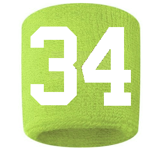 Number 34 Custom Volt Neon Lime Green w/ White #'s Sweatband Wristband Embroidered Stitched