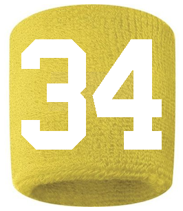 Number 34 Custom Yellow w/ White #'s Sweatband Wristband Embroidered Stitched