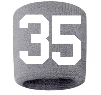 Number 35 Custom Gray w/ White #'s Sweatband Wristband Embroidered Stitched