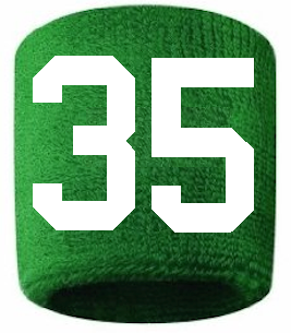 Number 35 Custom Green w/ White #'s Sweatband Wristband Embroidered Stitched