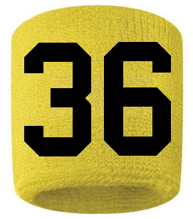 Number 36 Custom Yellow w/ Black #'s Sweatband Wristband Embroidered Stitched