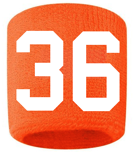 Number 36 Custom Orange w/ White #'s Sweatband Wristband Embroidered Stitched