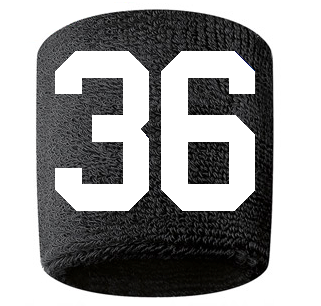 Number 36 Custom Black w/ White #'s Sweatband Wristband Embroidered Stitched