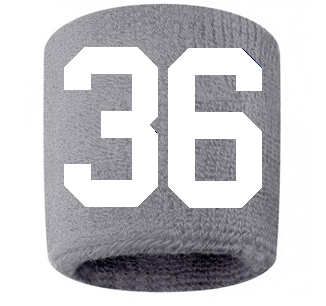 Number 36 Custom Gray w/ White #'s Sweatband Wristband Embroidered Stitched