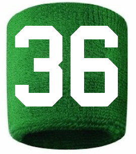 Number 36 Custom Green w/ White #'s Sweatband Wristband Embroidered Stitched