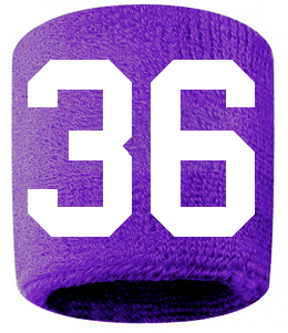 Number 36 Custom Purple w/ White #'s Sweatband Wristband Embroidered Stitched
