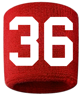 Number 36 Custom Red w/ White #'s Sweatband Wristband Embroidered Stitched
