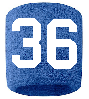Number 36 Custom Royal Blue w/ White #'s Sweatband Wristband Embroidered Stitched