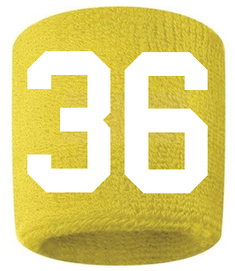 Number 36 Custom Yellow w/ White #'s Sweatband Wristband Embroidered Stitched