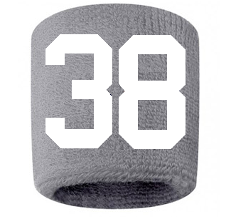 Number 38 Custom Gray w/ White #'s Sweatband Wristband Embroidered Stitched