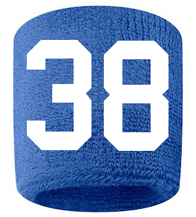 Number 38 Custom Royal Blue w/ White #'s Sweatband Wristband Embroidered Stitched