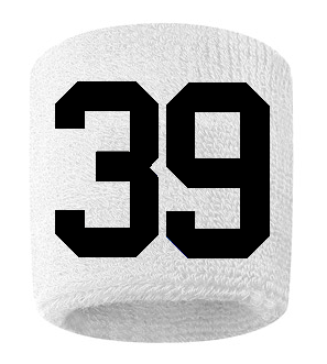 Number 39 Custom White w/ Black #'s Sweatband Wristband Embroidered Stitched