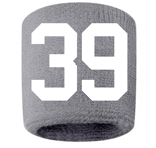 Number 39 Custom Gray w/ White #'s Sweatband Wristband Embroidered Stitched
