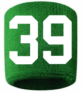 Number 39 Custom Green w/ White #'s Sweatband Wristband Embroidered Stitched