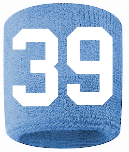 Number 39 Custom Light Blue w/ White #'s Sweatband Wristband Embroidered Stitched