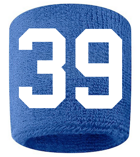 Number 39 Custom Royal Blue w/ White #'s Sweatband Wristband Embroidered Stitched