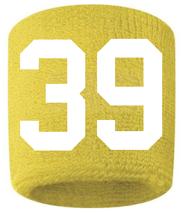 Number 39 Custom Yellow w/ White #'s Sweatband Wristband Embroidered Stitched