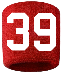 Number 39 Custom Red w/ White #'s Sweatband Wristband Embroidered Stitched