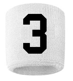 Number 3 Custom White w/ Black #'s Sweatband Wristband Embroidered Stitched