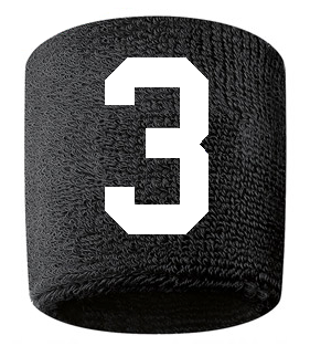 Number 3 Custom Black w/ White #'s Sweatband Wristband Embroidered Stitched