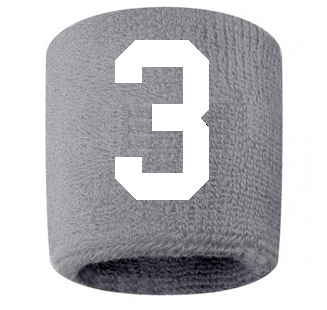 Number 3 Custom Gray w/ White #'s Sweatband Wristband Embroidered Stitched