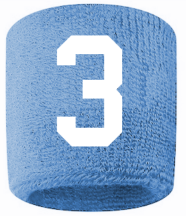 Number 3 Custom Light Blue w/ White #'s Sweatband Wristband Embroidered Stitched