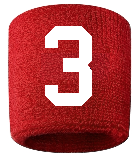 Number 3 Custom Red w/ White #'s Sweatband Wristband Embroidered Stitched