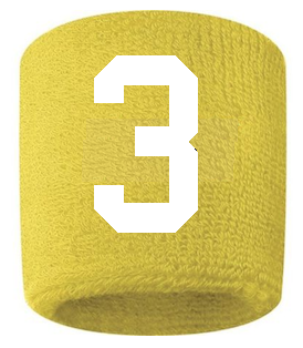 Number 3 Custom Yellow w/ White #'s Sweatband Wristband Embroidered Stitched
