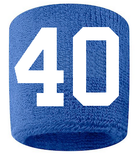 Number 40 Custom Royal Blue w/ White #'s Sweatband Wristband Embroidered Stitched
