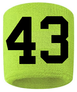 Number 43 Custom Volt Neon Lime Green w/ Black #'s Sweatband Wristband Embroidered Stitched